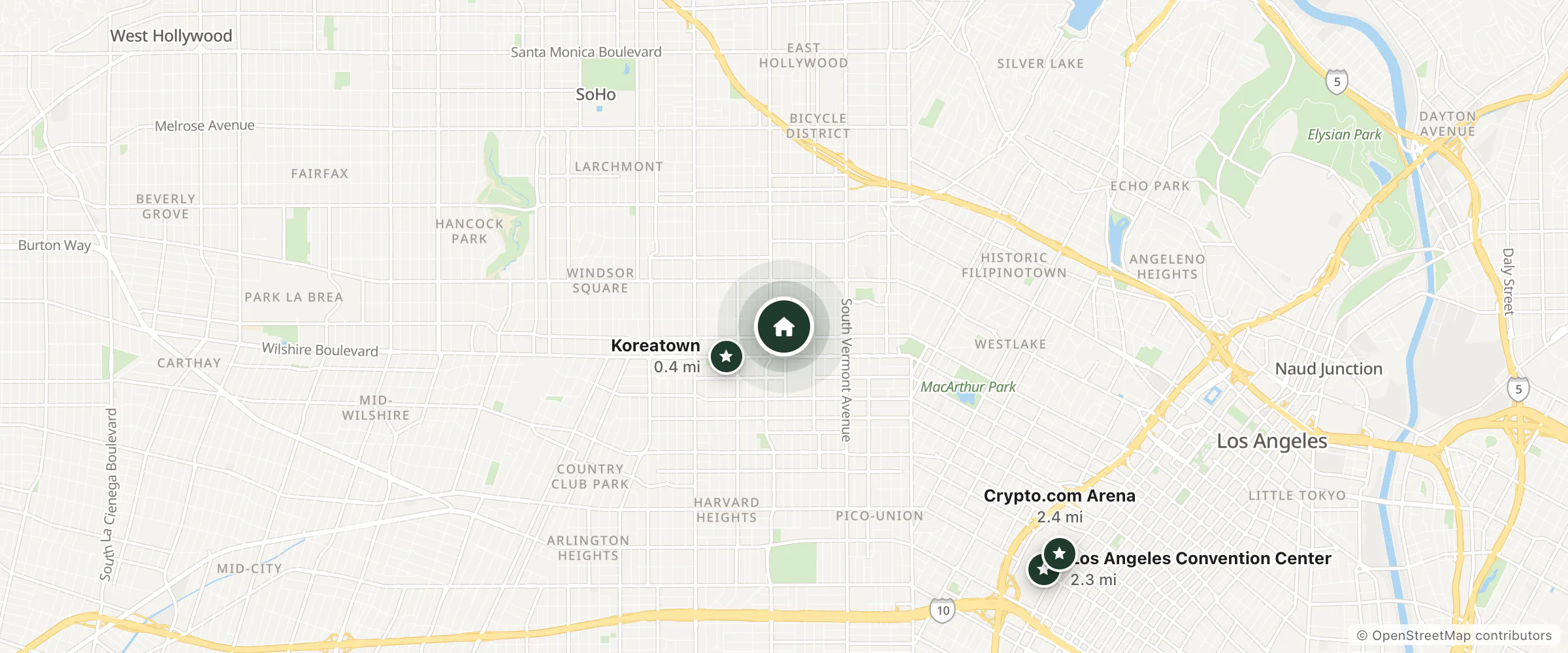 Map of Mariposa Motel and nearby Koreatown, Los Angeles Convention Center and Crypto.com Arena