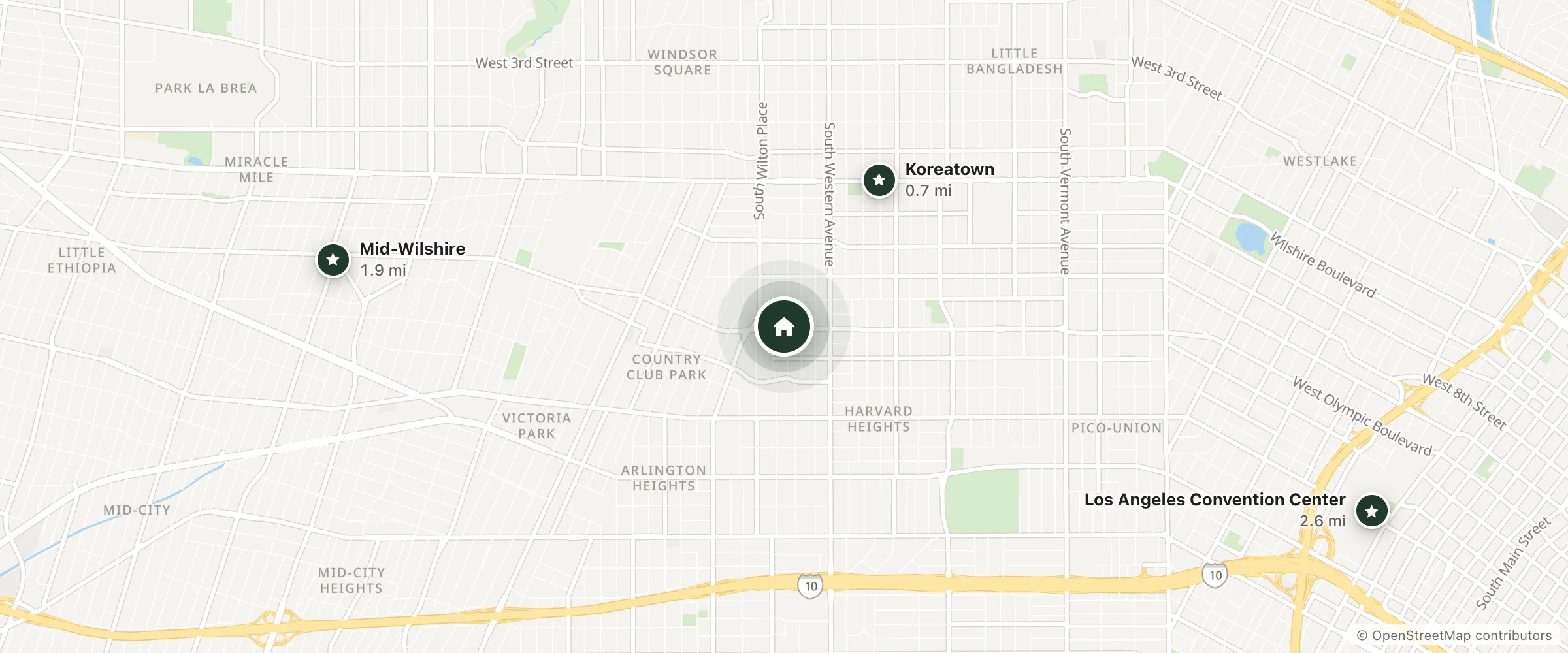 Map of Hotel Koxie and nearby Koreatown, Mid-Wilshire and Los Angeles Convention Center