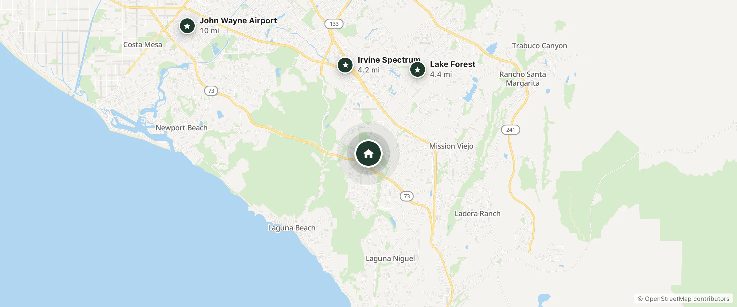 Map of Pacifica Hotels and nearby Irvine Spectrum, Lake Forest and John Wayne Airport