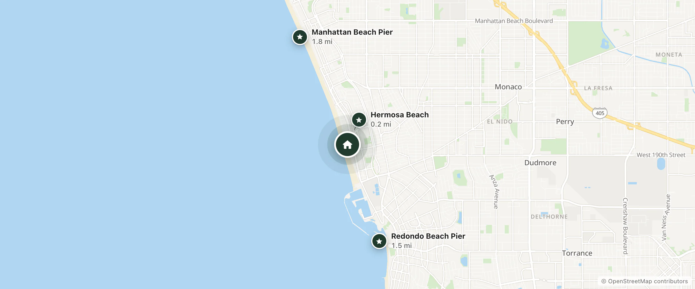 Map of Sea Sprite Beach Club and nearby Hermosa Beach, Redondo Beach Pier and Manhattan Beach Pier