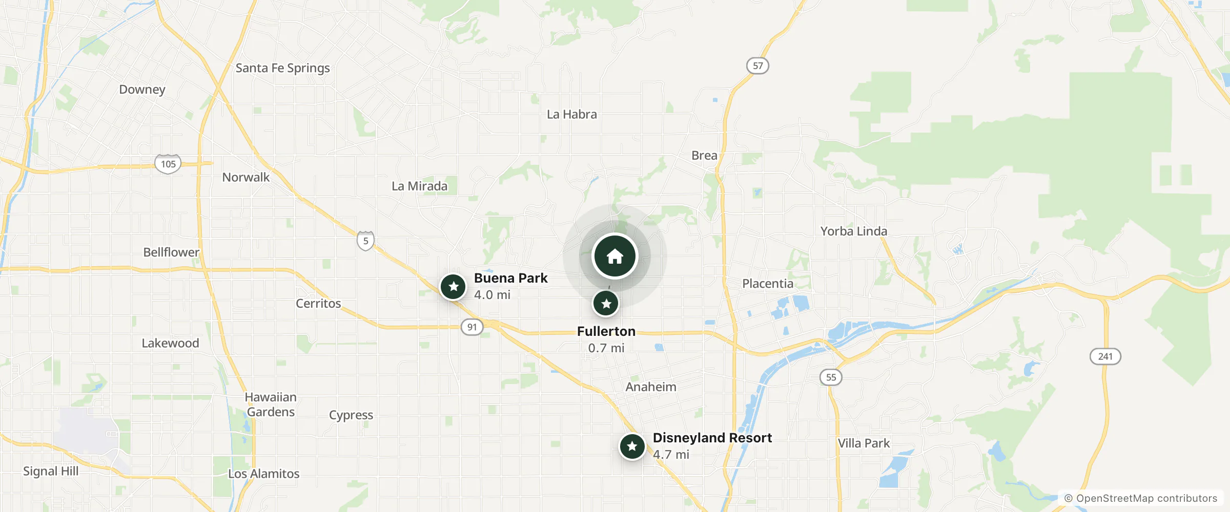Map of Jims Castle Inn and nearby Fullerton, Buena Park and Disneyland Resort