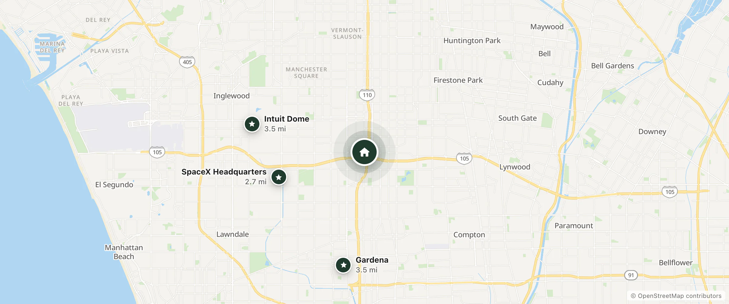 Map of Signal Motel Movies Air Cond and nearby SpaceX Headquarters, Gardena and Intuit Dome