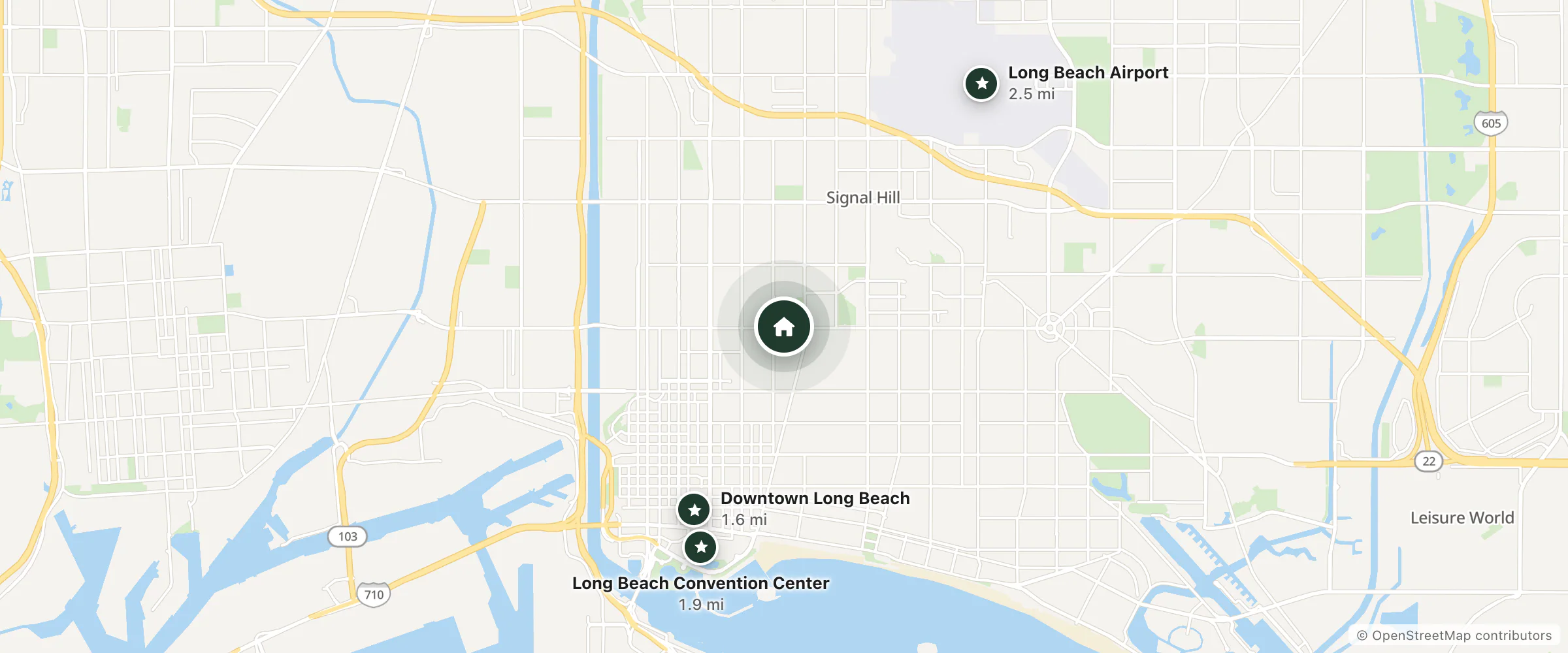 Map of Rocky Inn Motel and nearby Downtown Long Beach, Long Beach Convention Center and Long Beach Airport