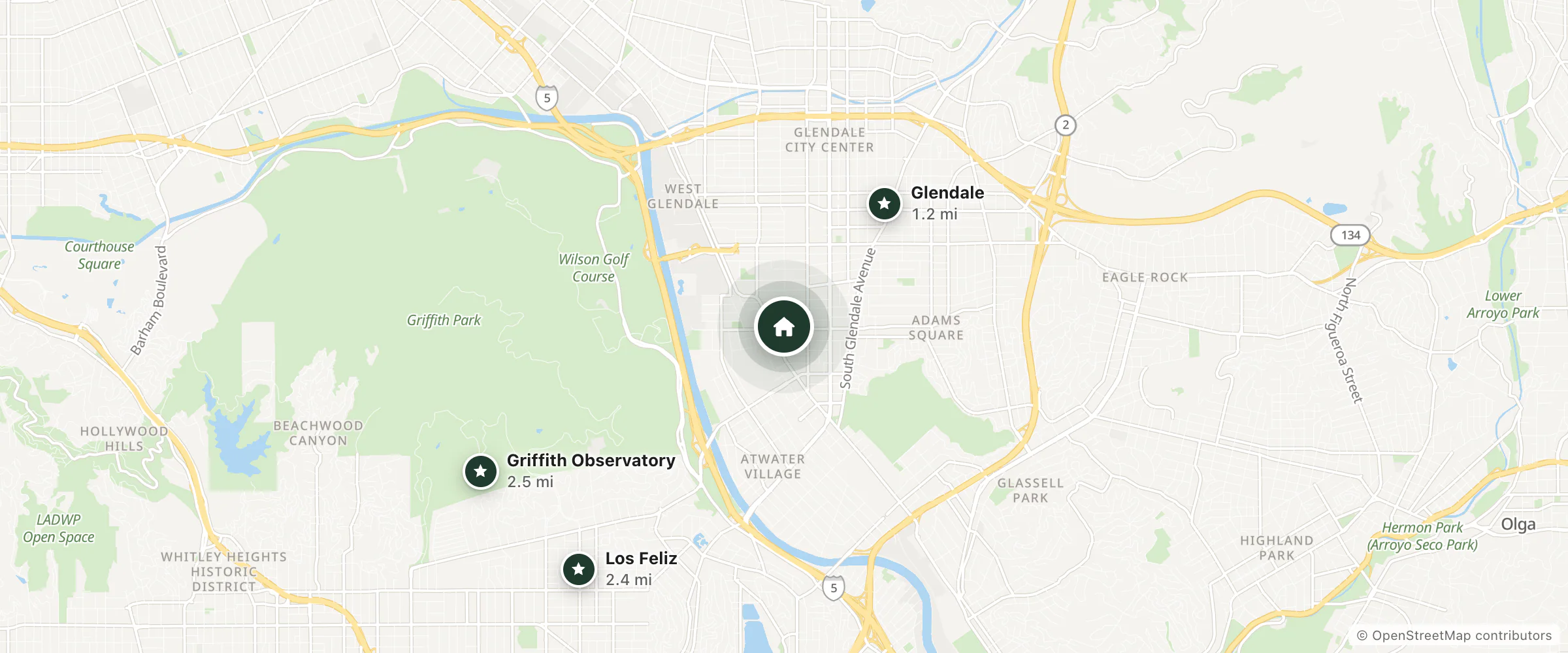 Map of Tropico Motel and nearby Glendale, Los Feliz and Griffith Observatory