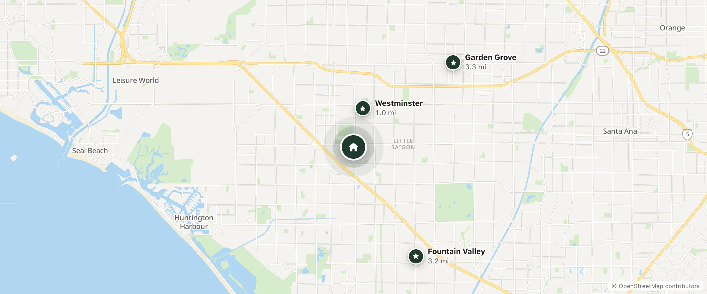 Map of Westminster Motor Inn and nearby Westminster, Fountain Valley and Garden Grove