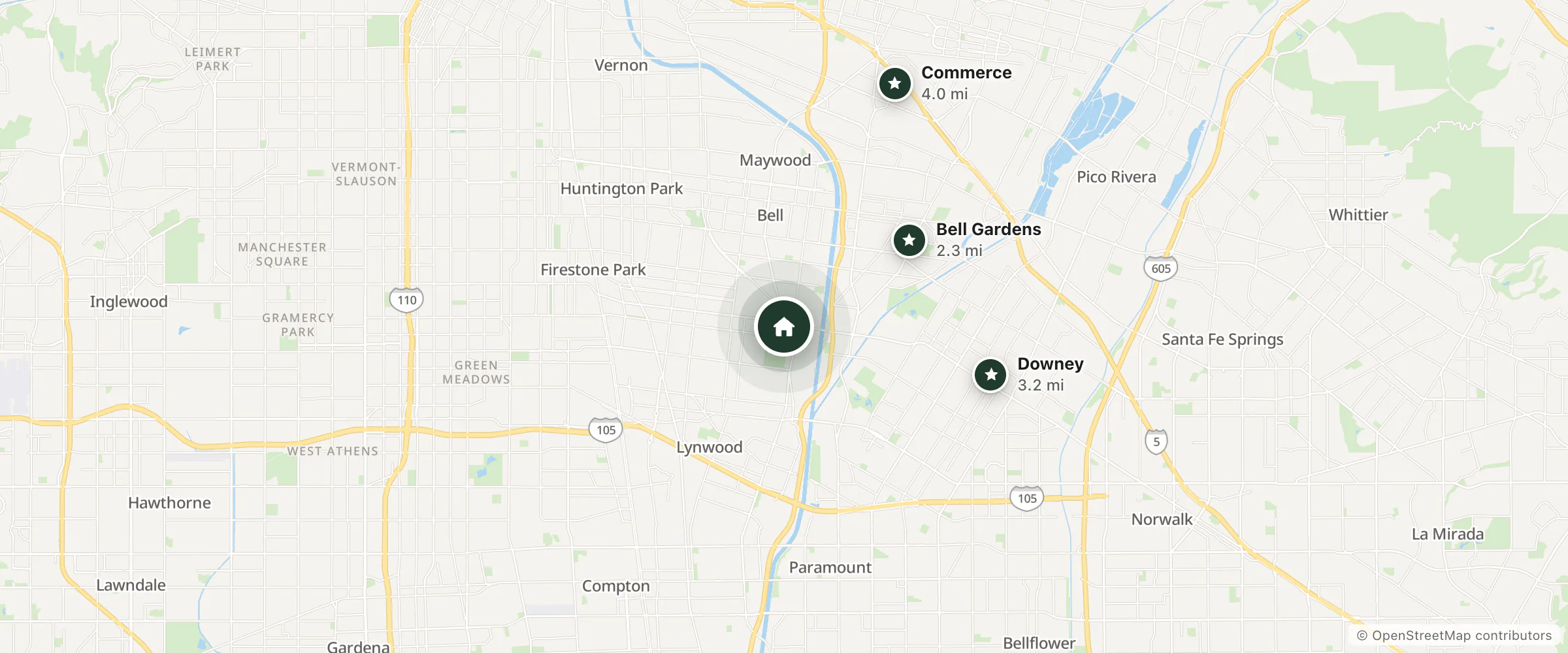 Map of Rodeway Inn and nearby Bell Gardens, Downey and Commerce