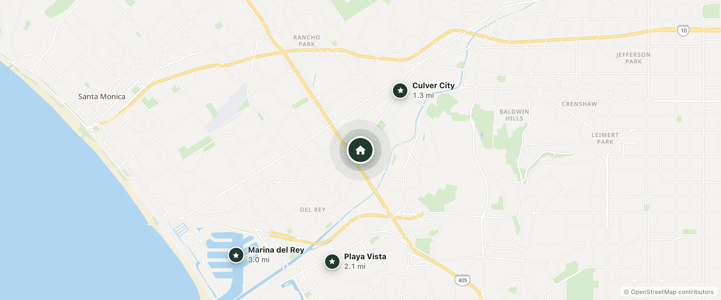 Map of Culver Motel and nearby Culver City, Playa Vista and Marina del Rey