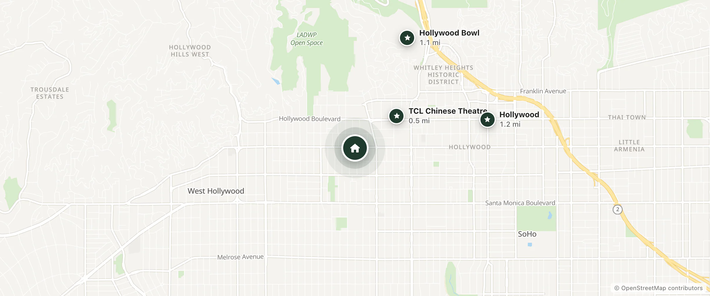 Map of Sunset West Hotel and nearby TCL Chinese Theatre, Hollywood Bowl and Hollywood