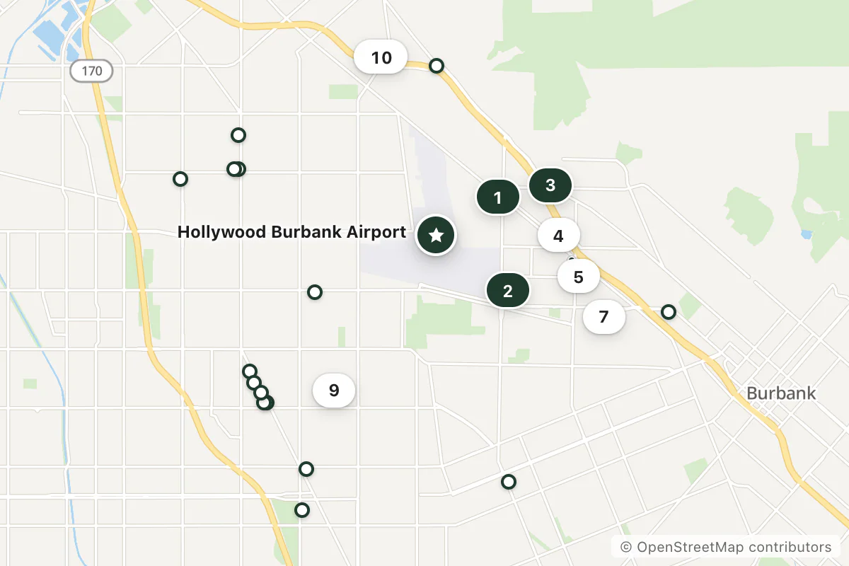 Map of the top 25 hotels for this question around Hollywood Burbank Airport