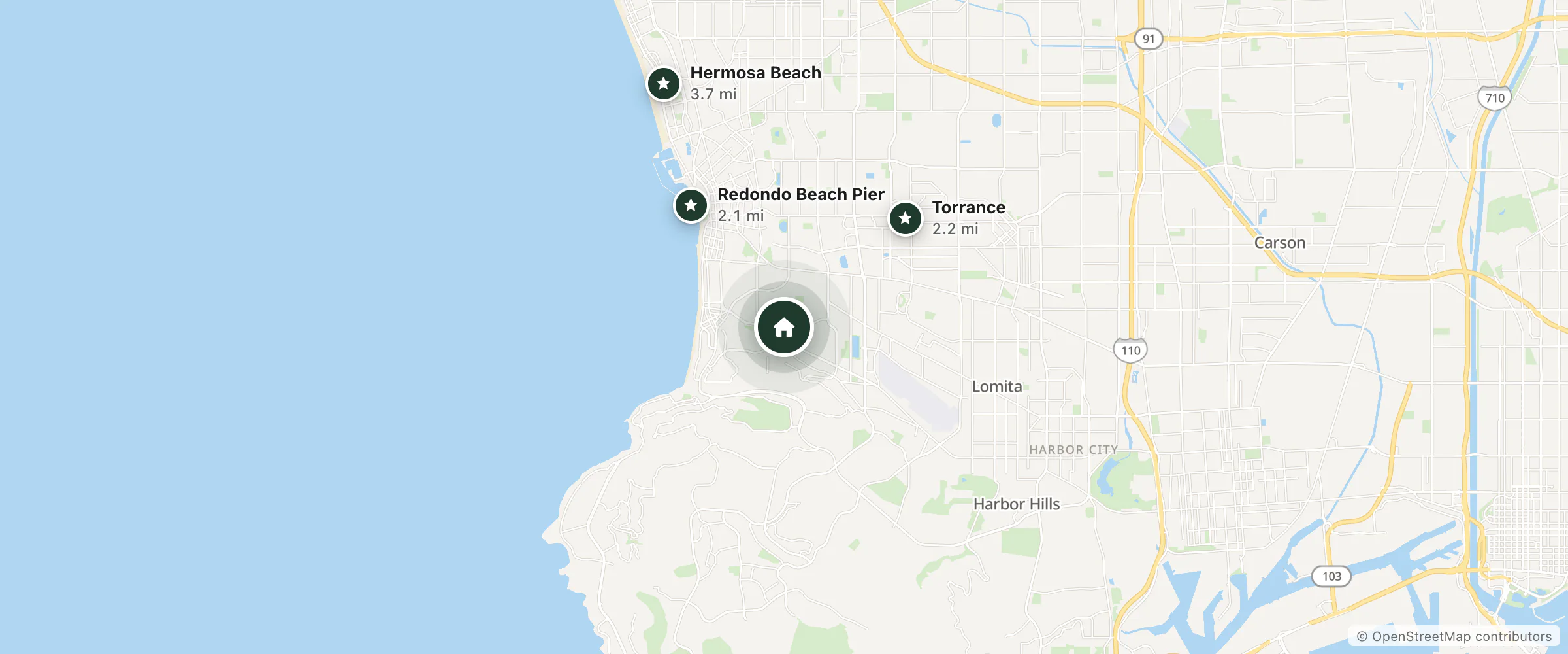 Map of Penthouse and nearby Redondo Beach Pier, Torrance and Hermosa Beach