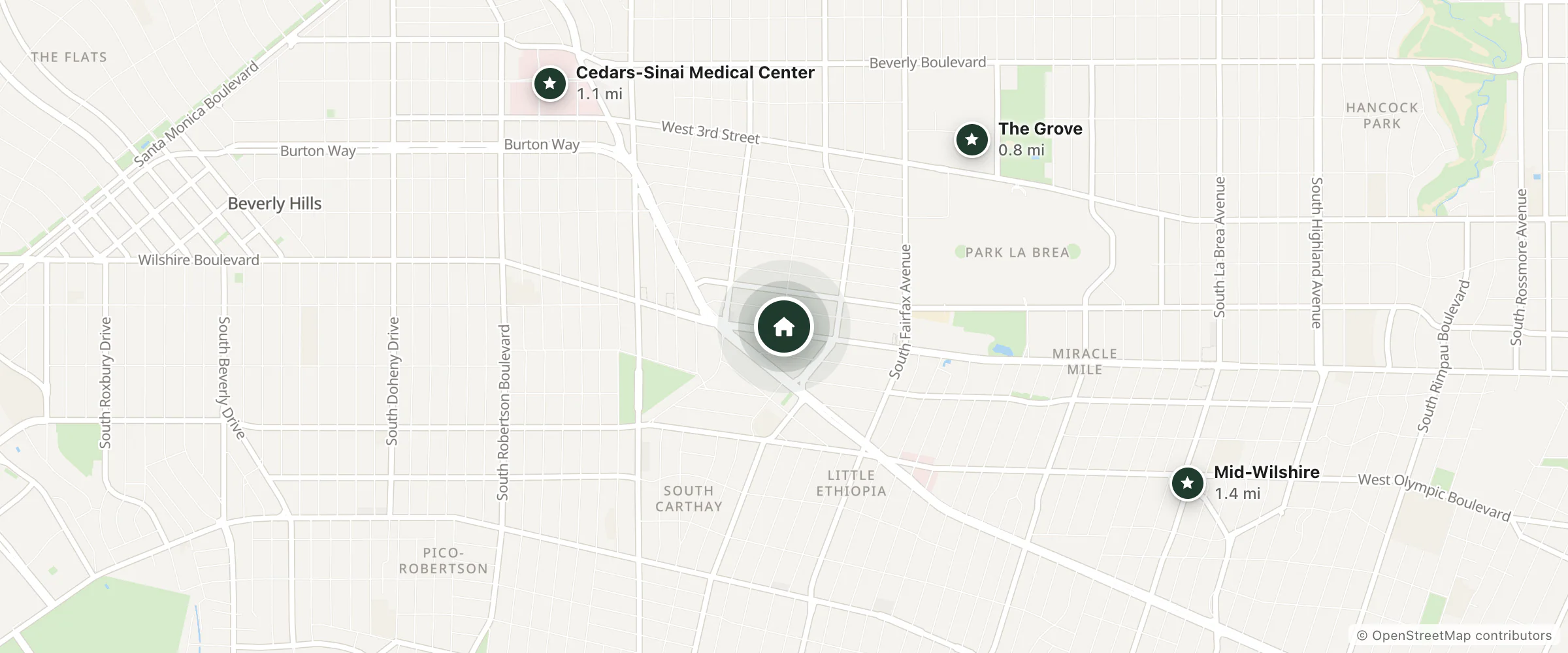 Map of AC Hotel Beverly Hills and nearby The Grove, Cedars-Sinai Medical Center and Mid-Wilshire