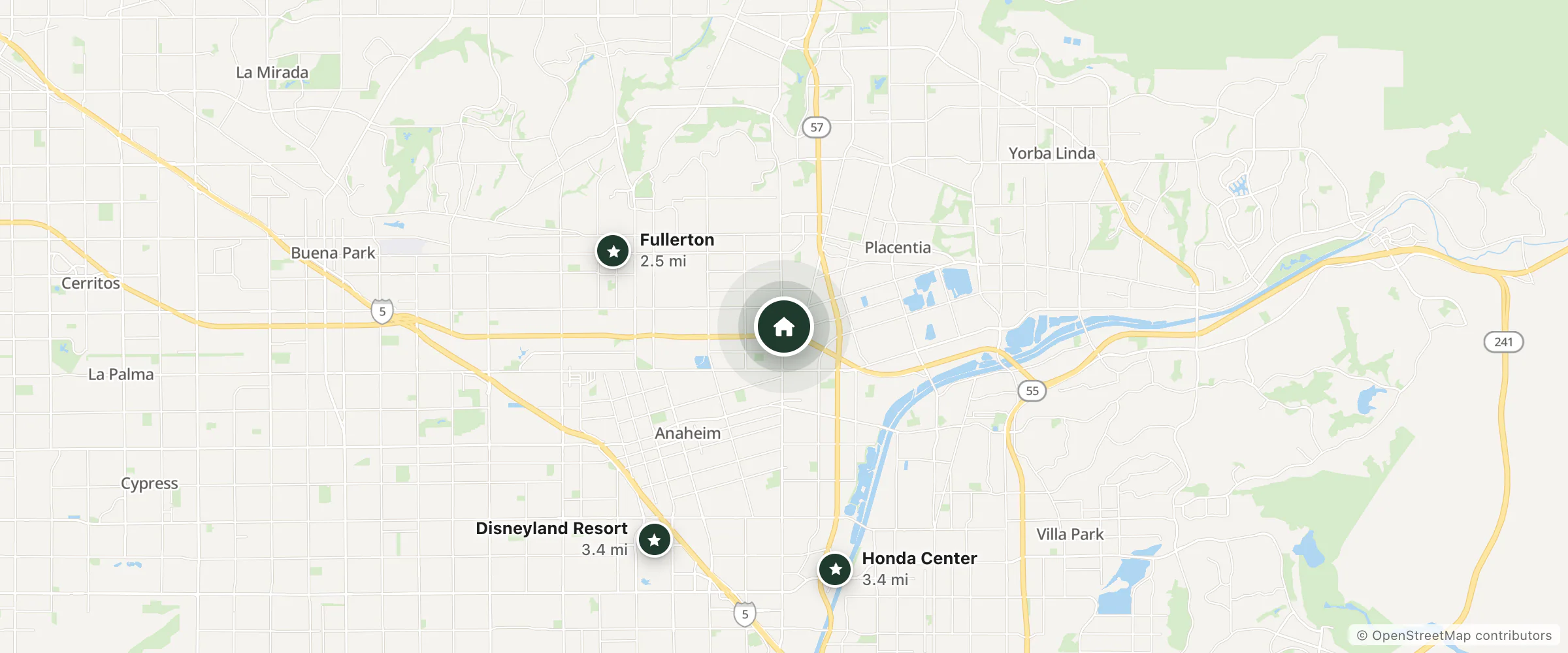 Map of Motel 6 and nearby Fullerton, Honda Center and Disneyland Resort