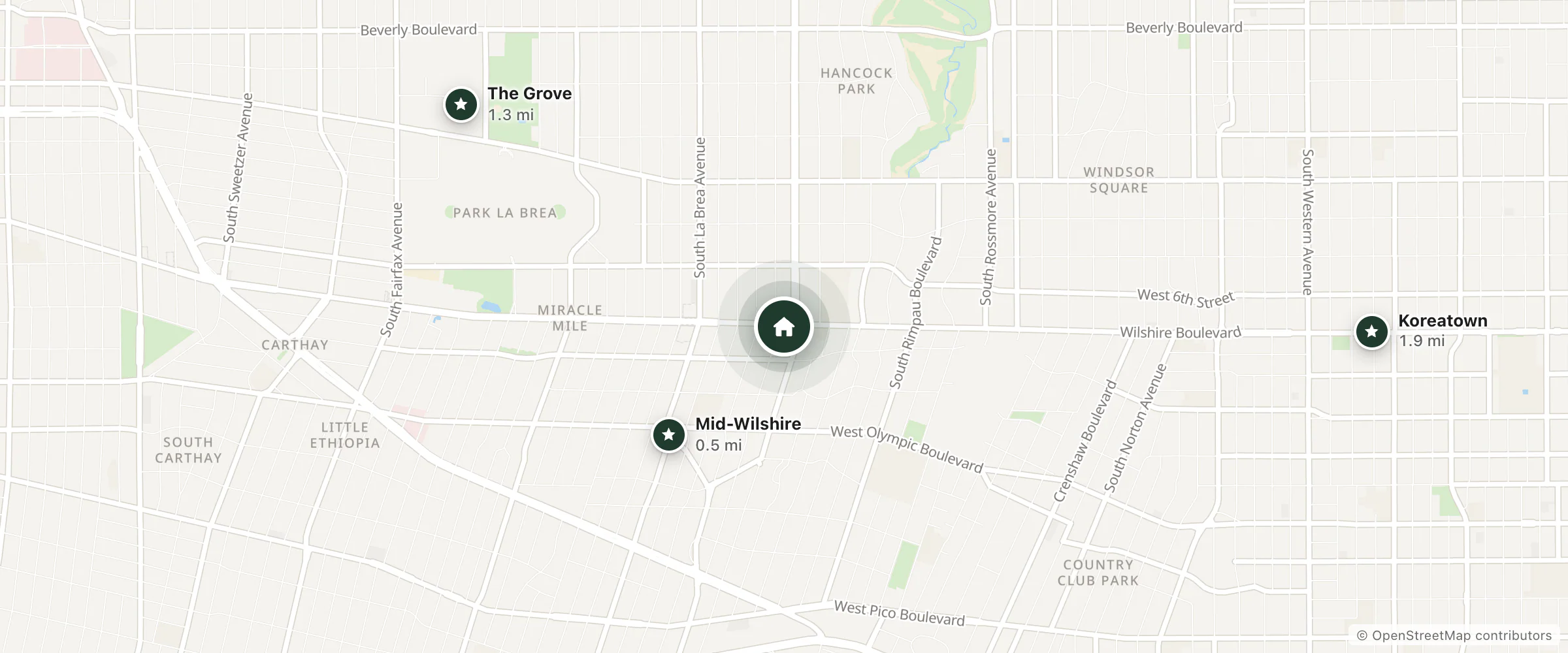 Map of Colibrí Suites Hotel Boutique and nearby Mid-Wilshire, The Grove and Koreatown
