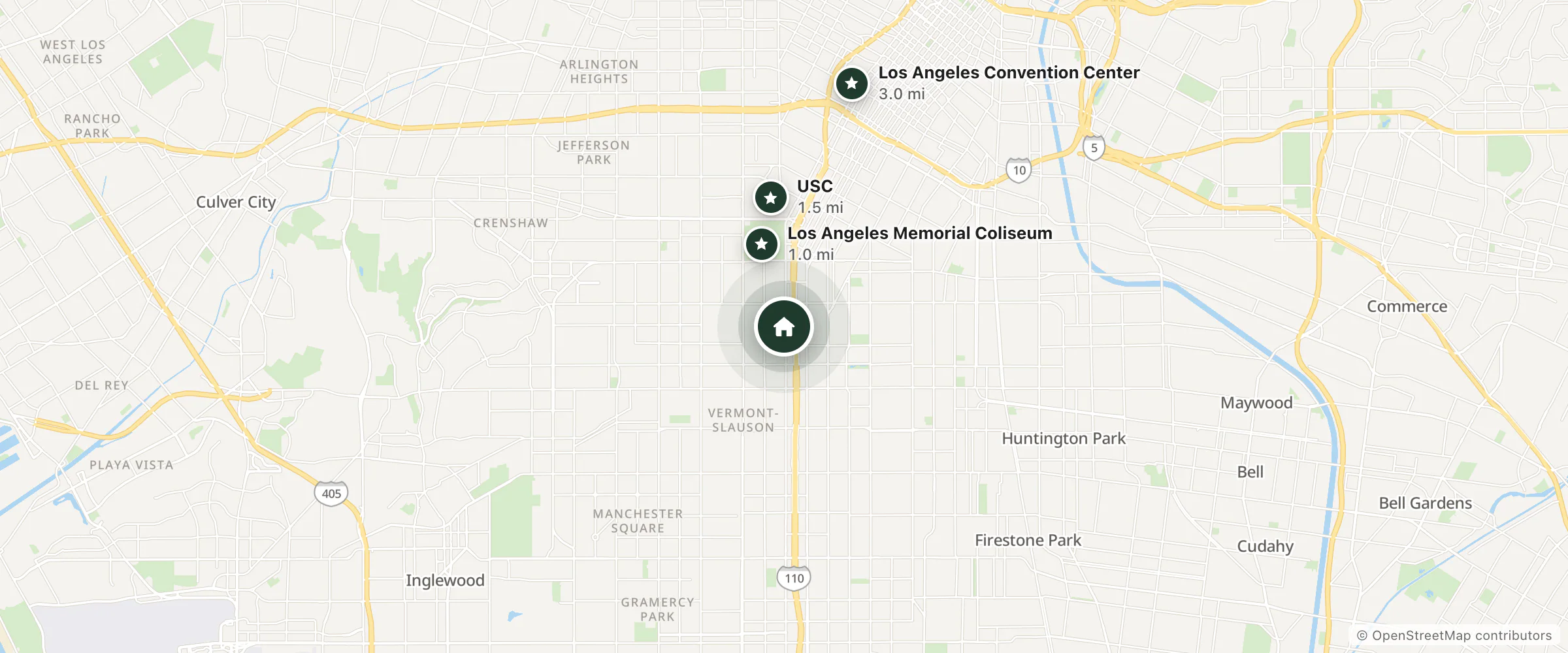 Map of City Motel and nearby Los Angeles Memorial Coliseum, USC and Los Angeles Convention Center