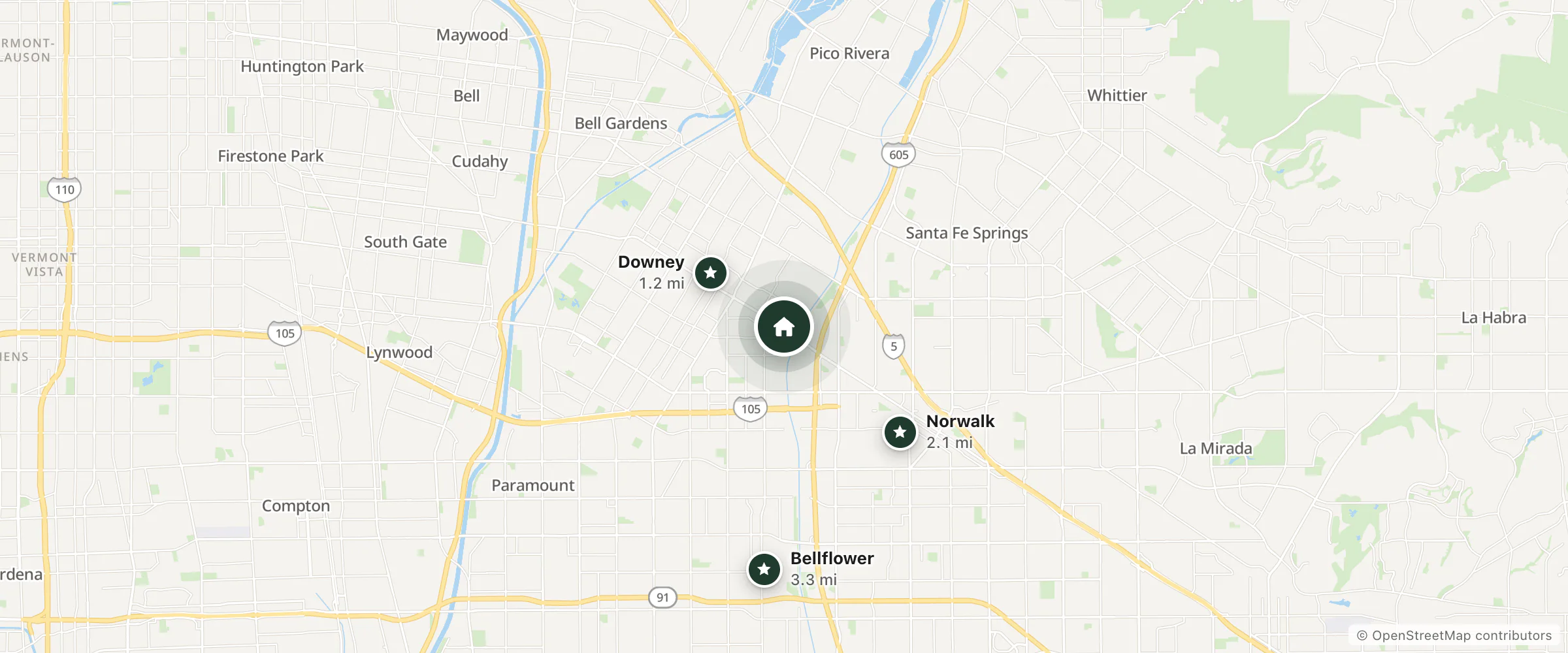 Map of Chateau Inn & Suites and nearby Downey, Norwalk and Bellflower