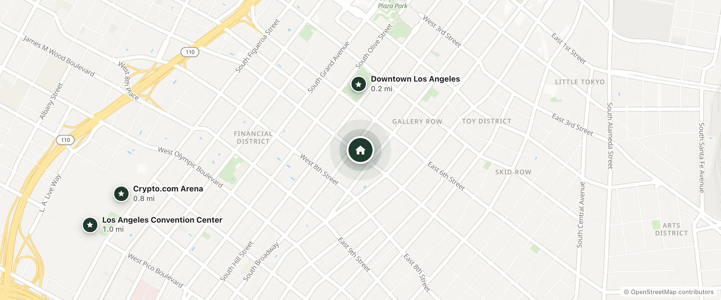 Map of The Haas Building and nearby Downtown Los Angeles, Crypto.com Arena and Los Angeles Convention Center