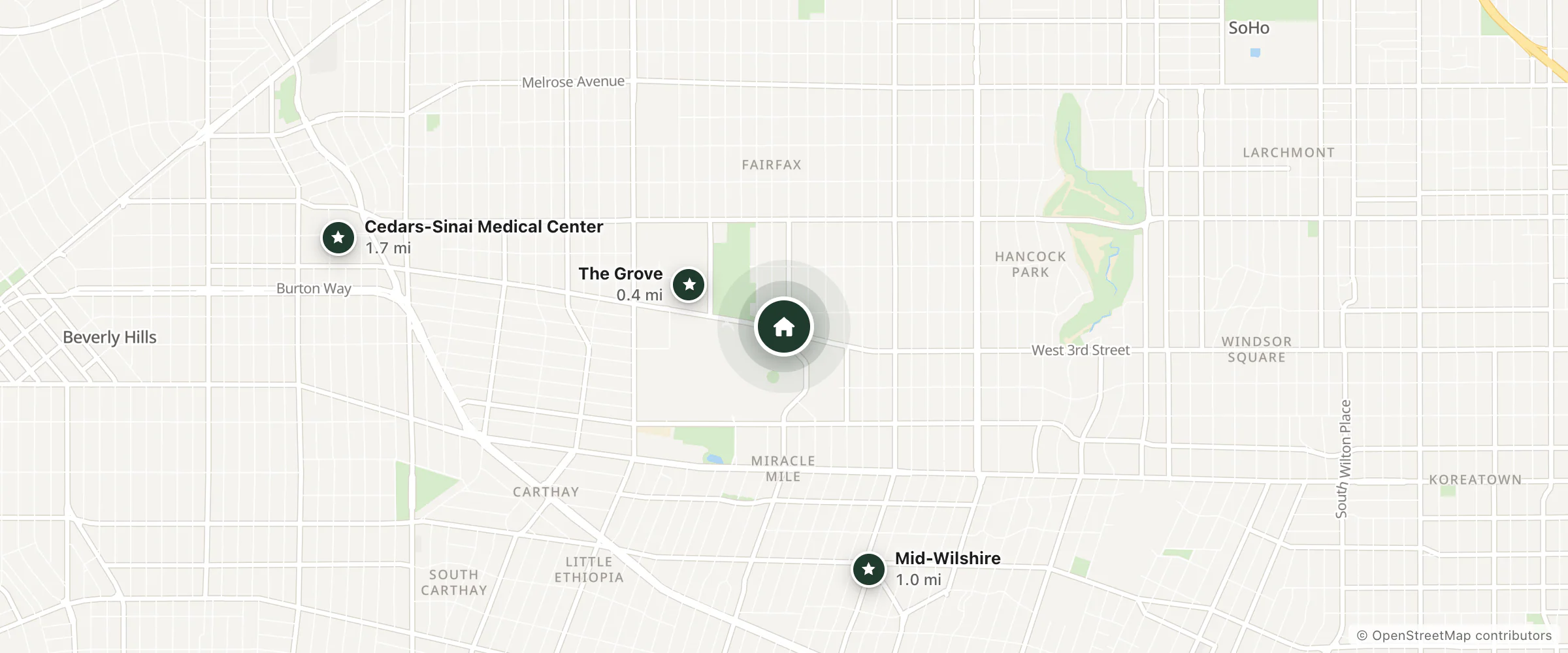 Map of Park Plaza Lodge and nearby The Grove, Mid-Wilshire and Cedars-Sinai Medical Center