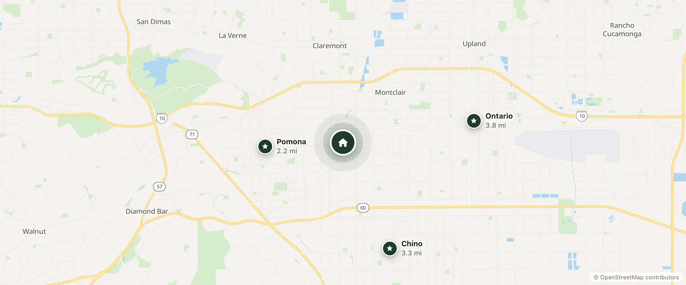 Map of Motel Trella and nearby Pomona, Chino and Ontario