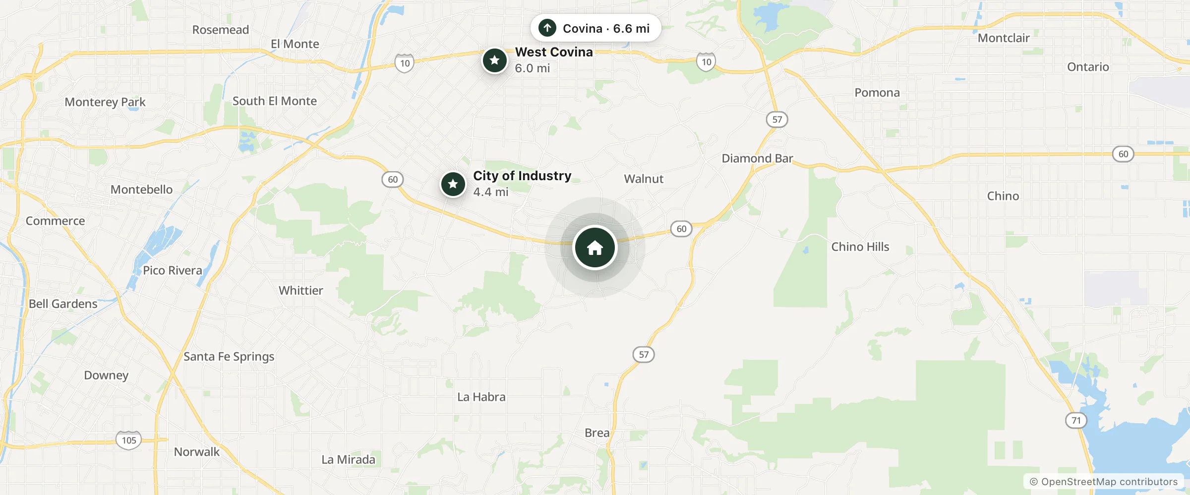 Map of Motel 6 and nearby City of Industry, West Covina and Covina
