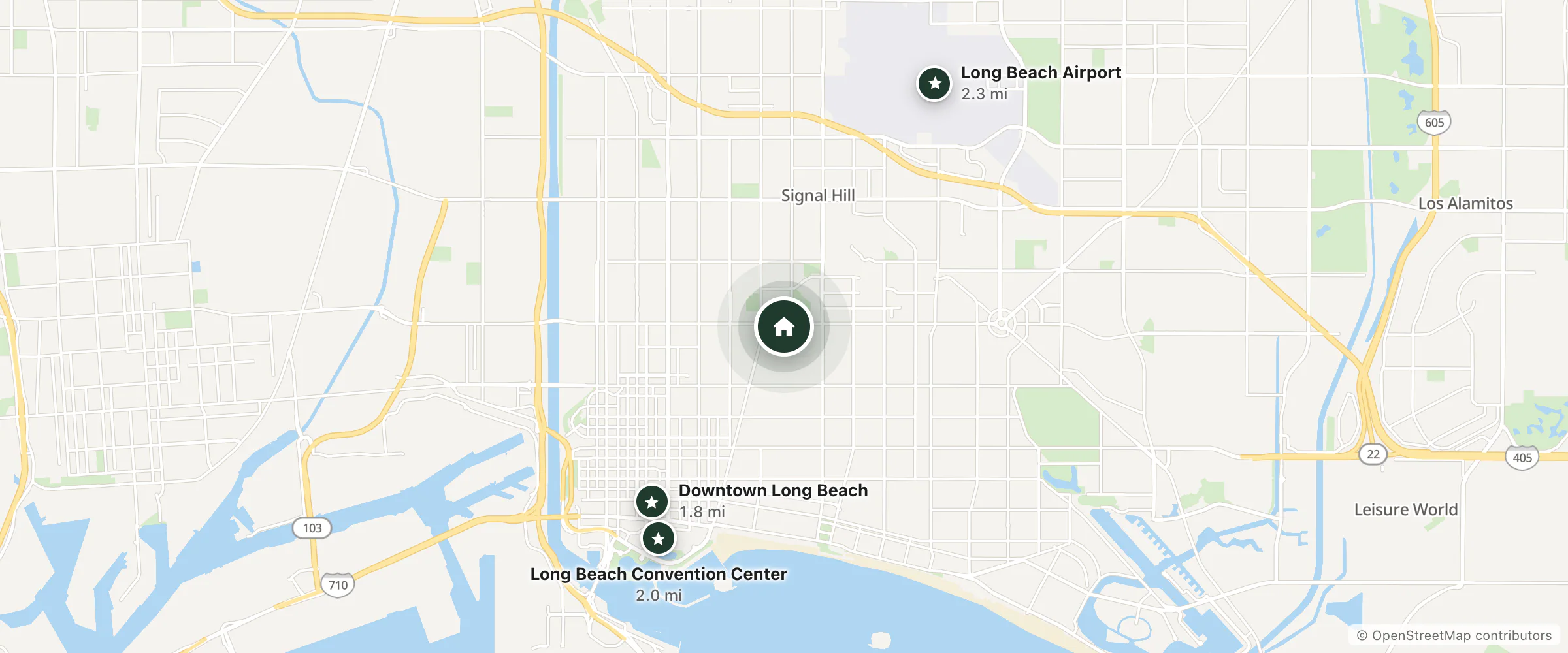 Map of Cabana Inn and Suites and nearby Downtown Long Beach, Long Beach Convention Center and Long Beach Airport