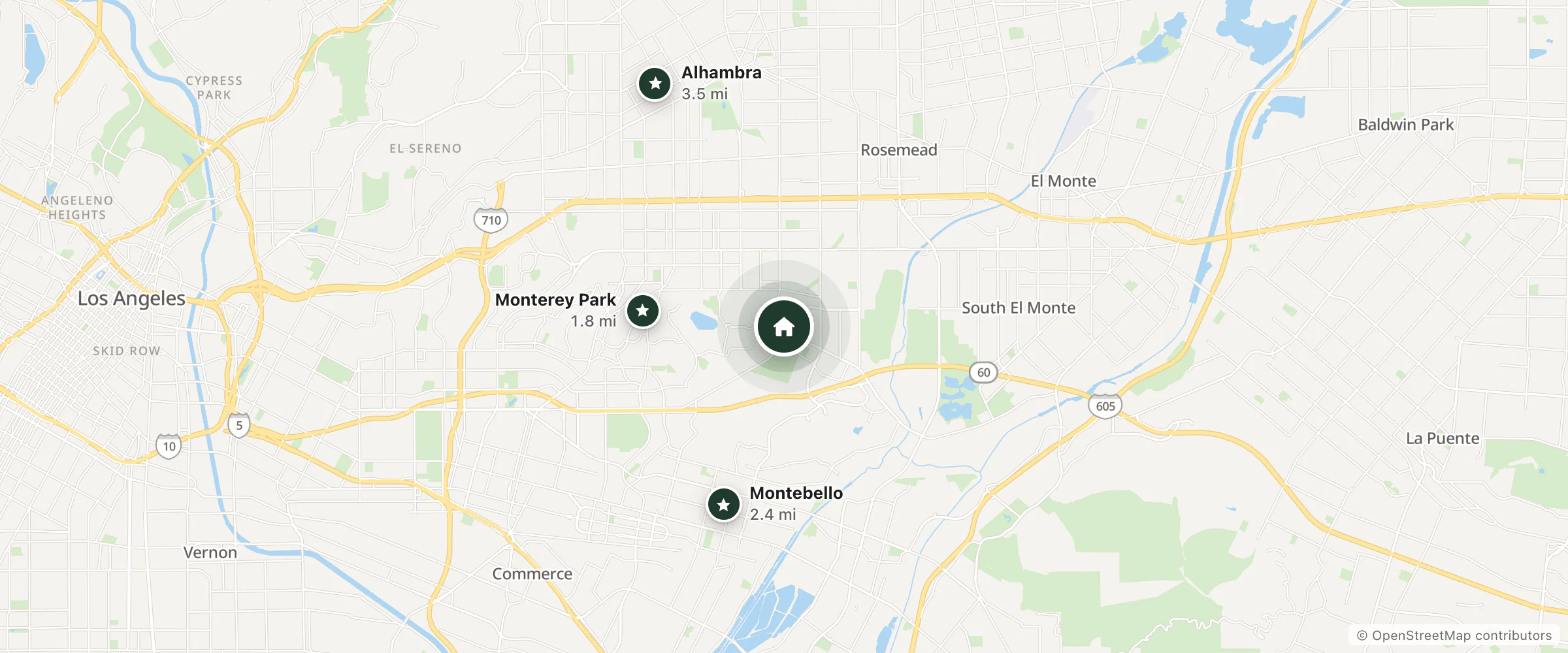 Map of Del Mar Motel and nearby Monterey Park, Montebello and Alhambra
