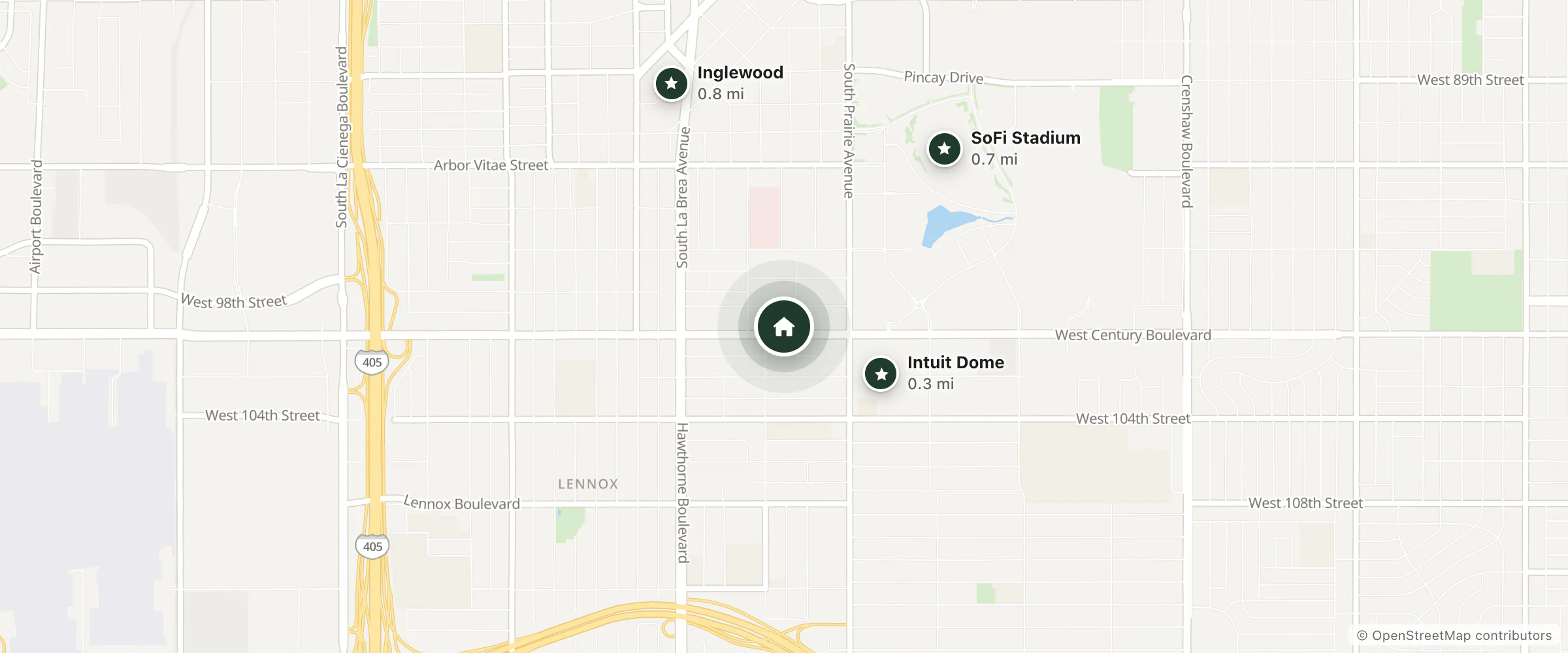 Map of Inglewood Plaza Inn and nearby Intuit Dome, SoFi Stadium and Inglewood