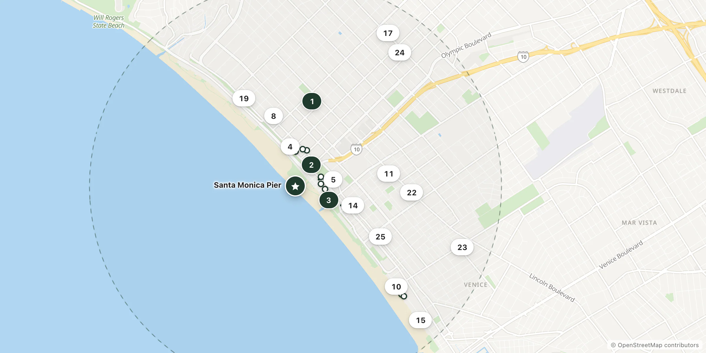 Map of hotels near Santa Monica Pier