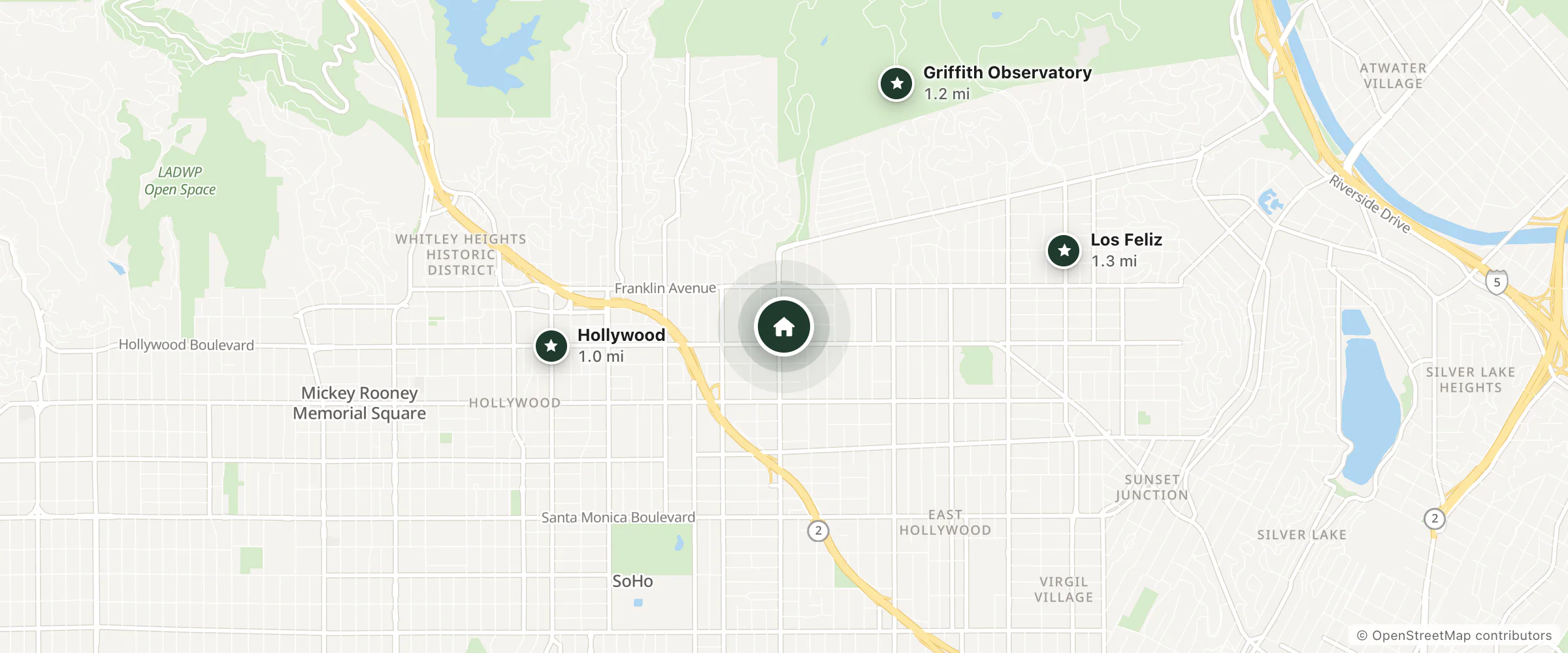 Map of Cara Hotel and nearby Hollywood, Griffith Observatory and Los Feliz