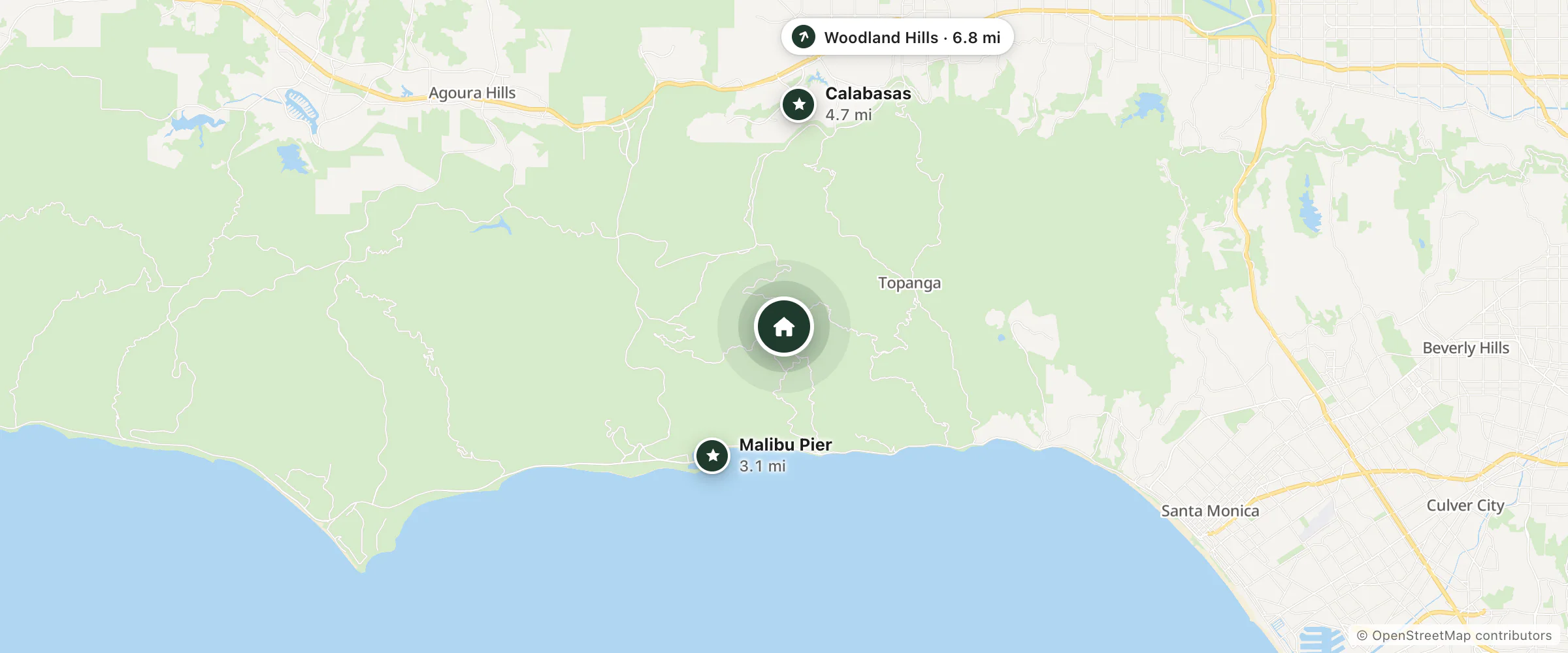 Map of Stargate Resort and nearby Malibu Pier, Calabasas and Woodland Hills