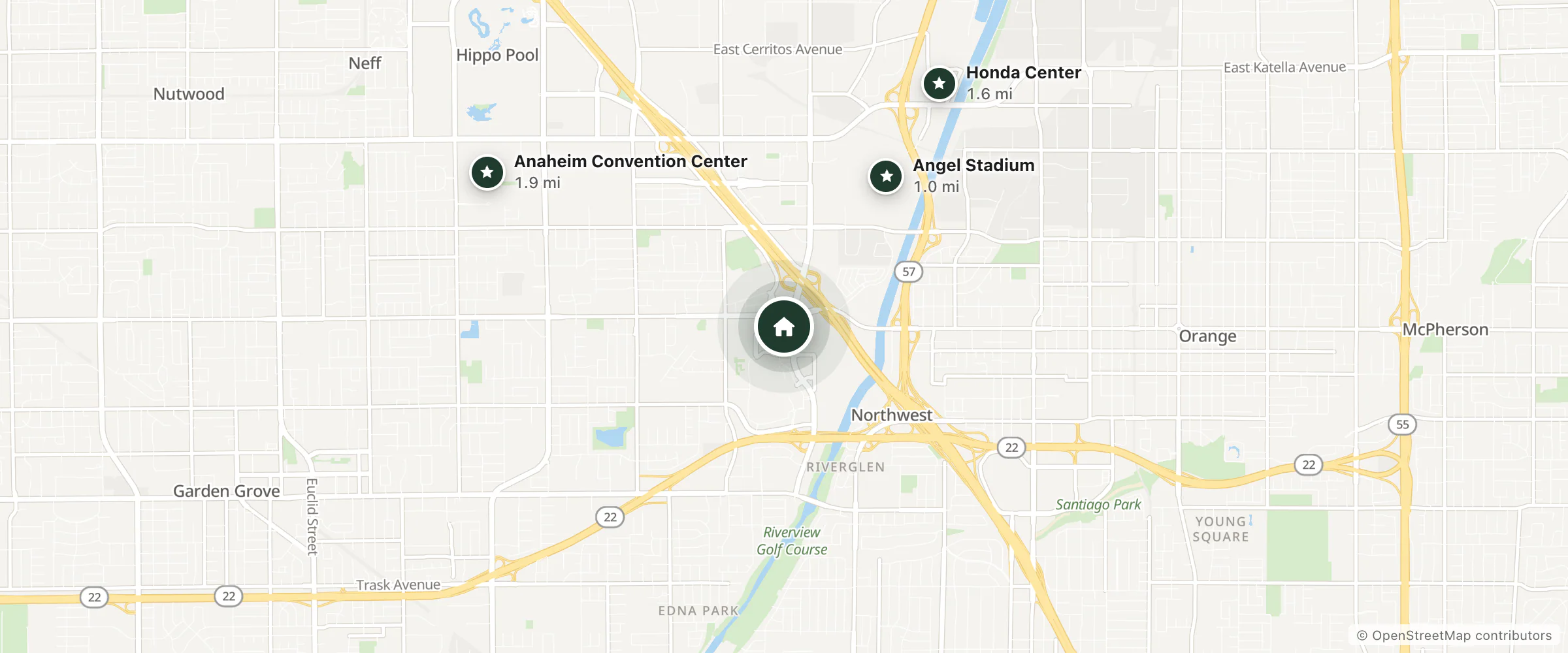 Map of Double Tree Guest Suites Anaheim Resort-Convention Center and nearby Angel Stadium, Honda Center and Anaheim Convention Center