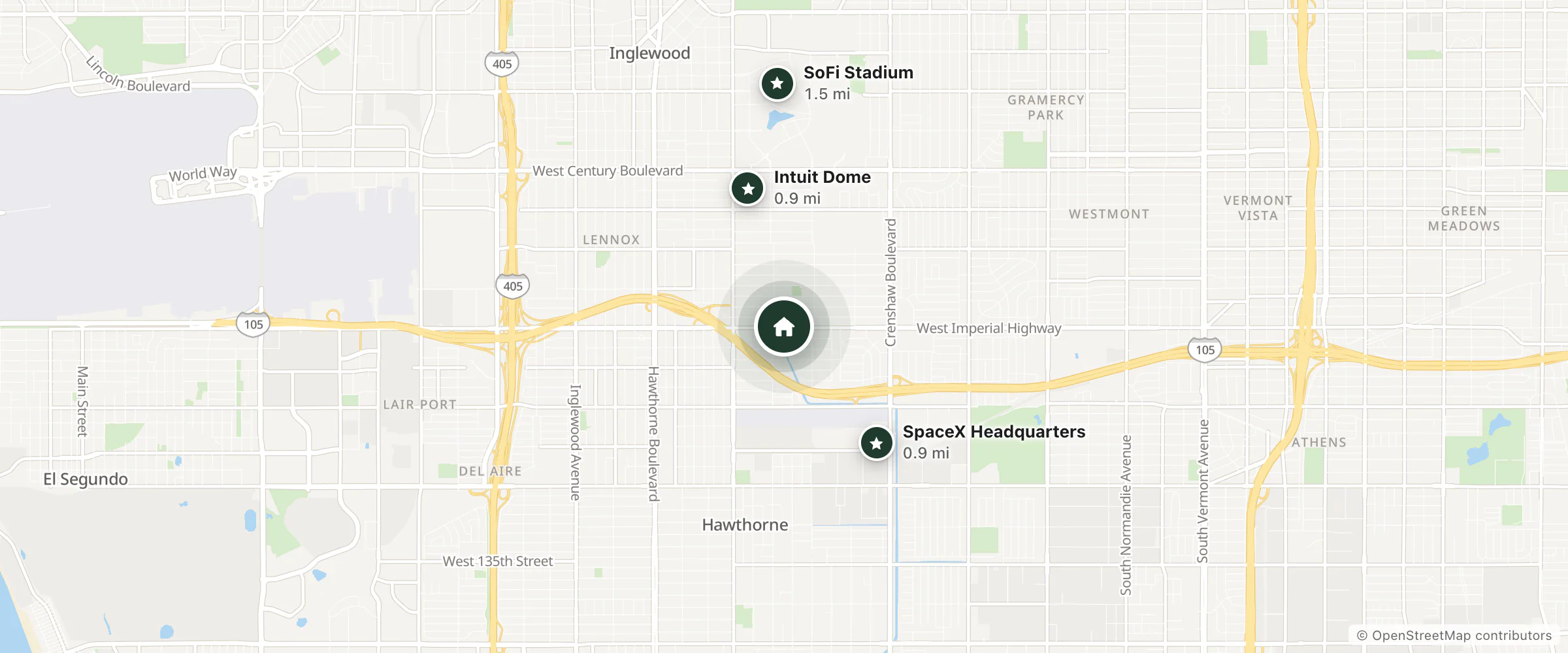 Map of Diamond Inn and nearby Intuit Dome, SpaceX Headquarters and SoFi Stadium