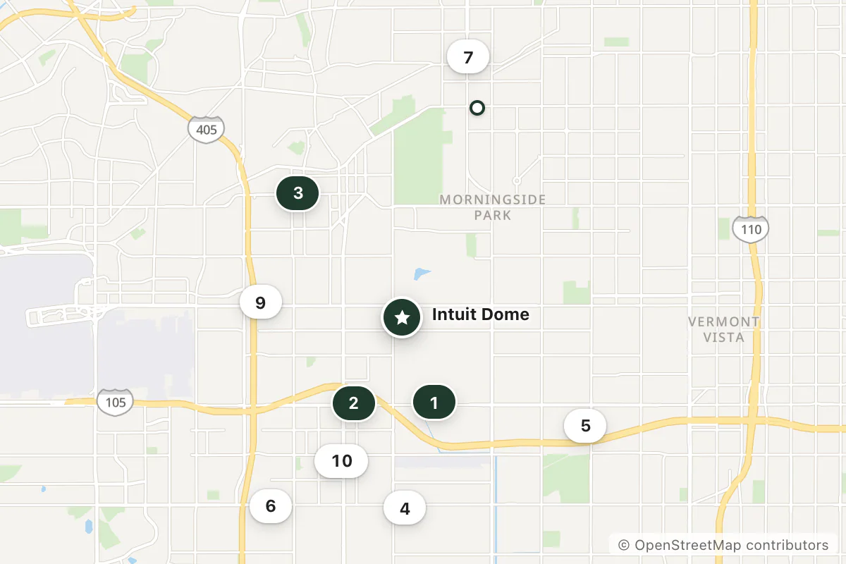 Map of the top 11 hotels for this question around Intuit Dome