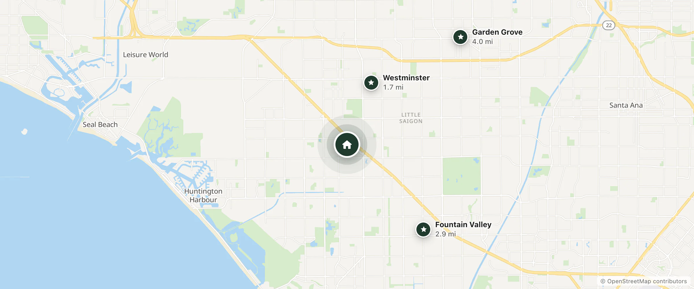 Map of Hotel Europa and nearby Westminster, Fountain Valley and Garden Grove