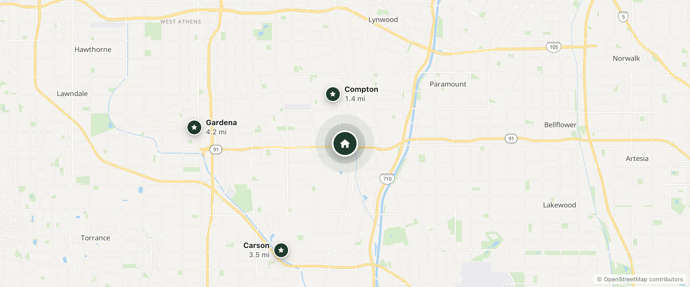 Map of LA Crystal Hotel and nearby Compton, Carson and Gardena