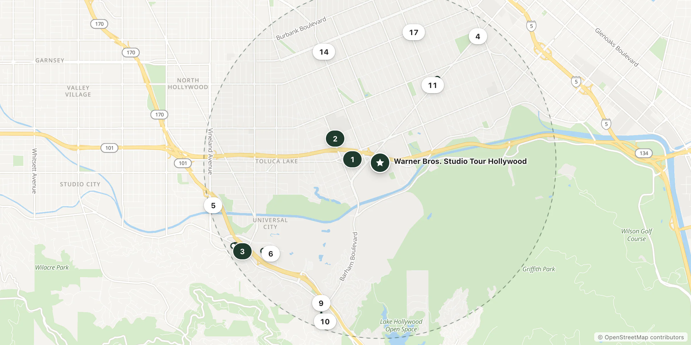 Map of hotels near Warner Bros. Studio Tour Hollywood