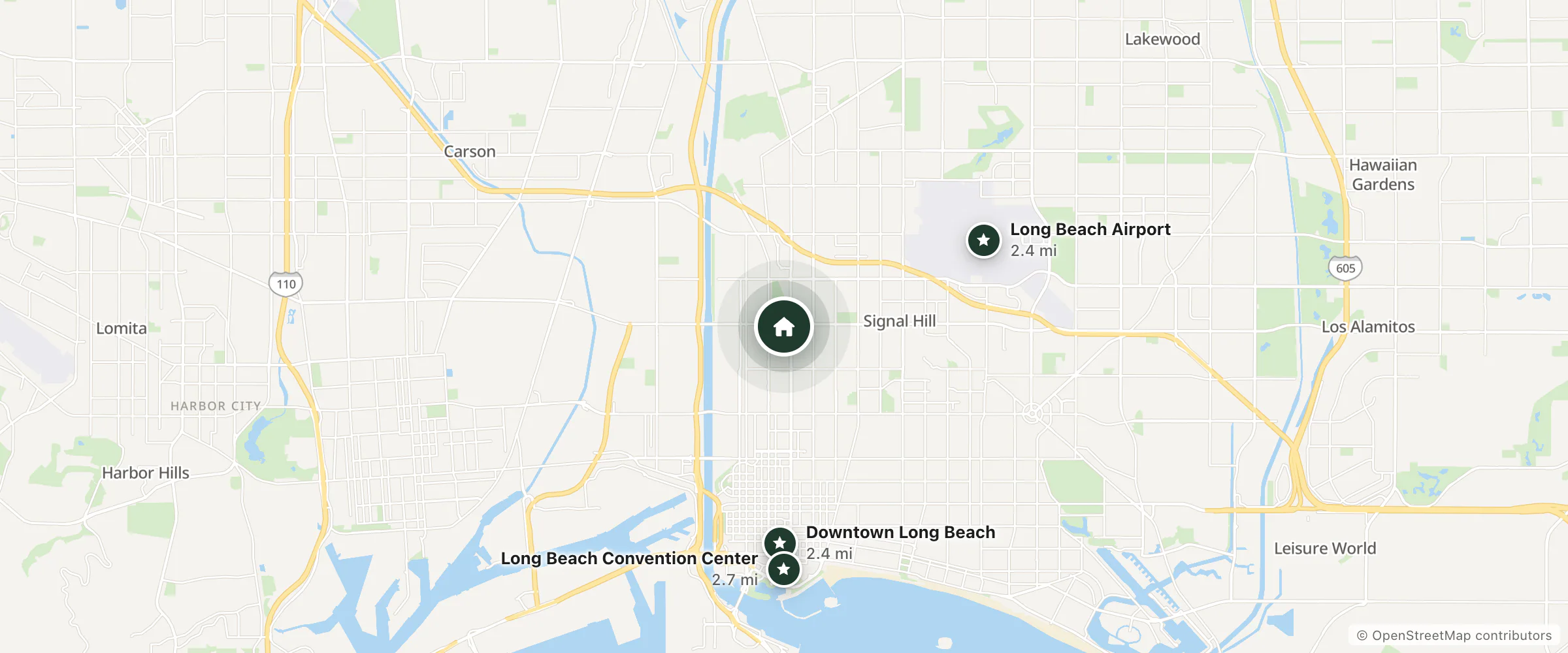 Map of The Cove Hotel and nearby Downtown Long Beach, Long Beach Airport and Long Beach Convention Center