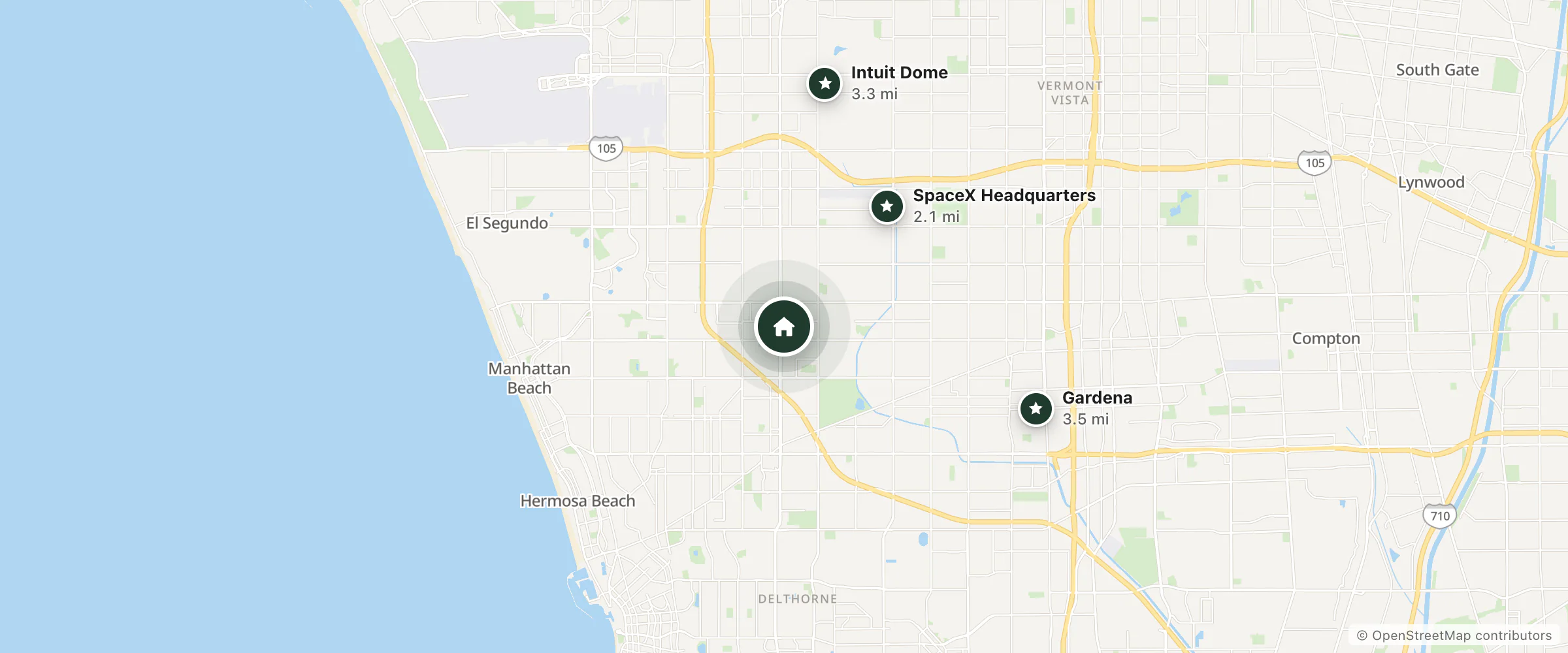 Map of Travelers Inn and nearby SpaceX Headquarters, Intuit Dome and Gardena
