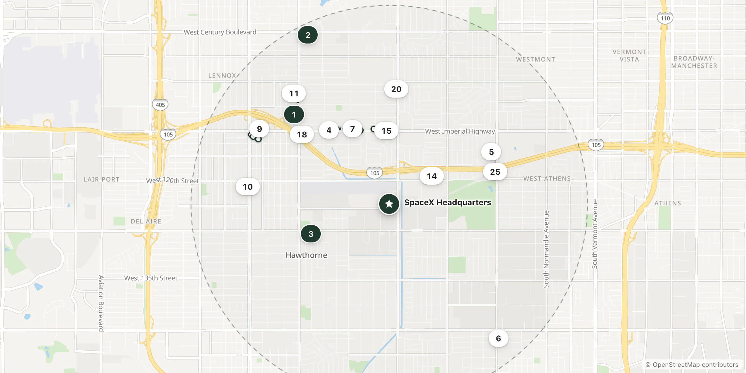 Map of hotels near SpaceX Headquarters