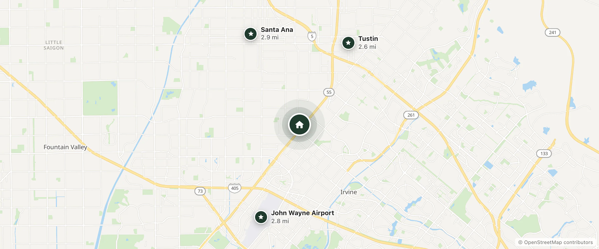 Map of Sonesta Simply Suites Orange County Airport and nearby Tustin, John Wayne Airport and Santa Ana