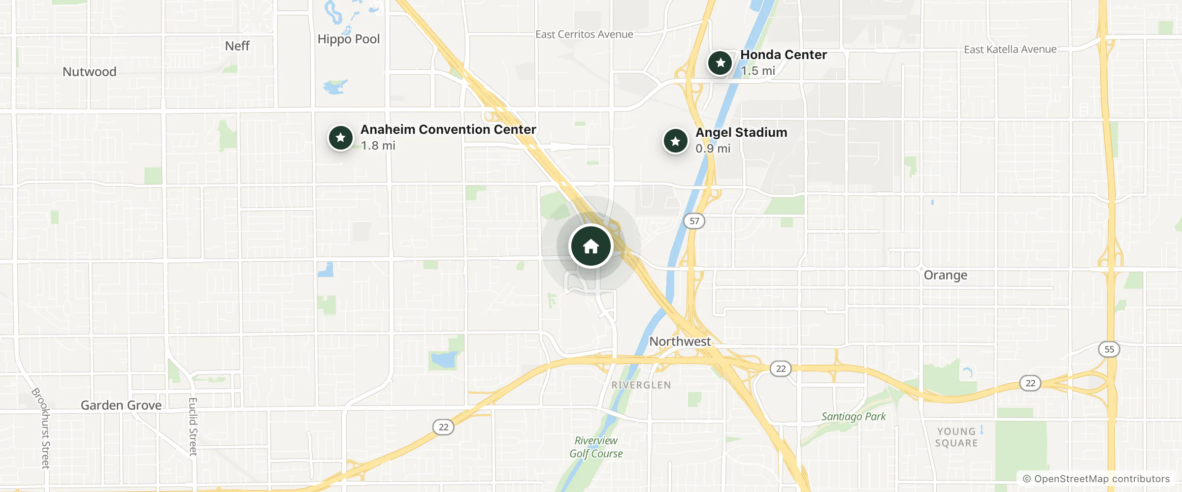 Map of Ayres Inn Orange and nearby Angel Stadium, Honda Center and Anaheim Convention Center