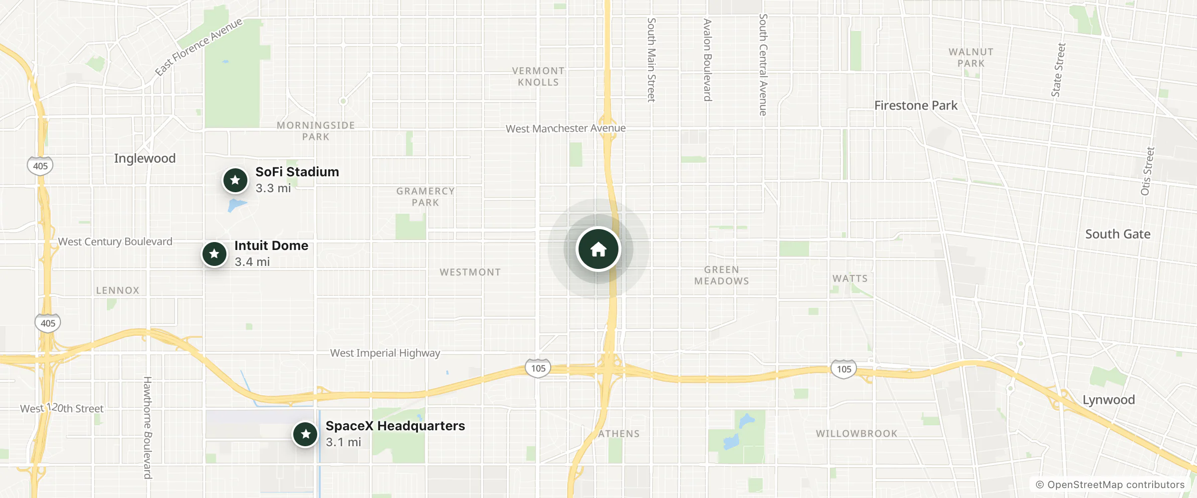 Map of Twenty-first Century Inn and nearby SpaceX Headquarters, SoFi Stadium and Intuit Dome