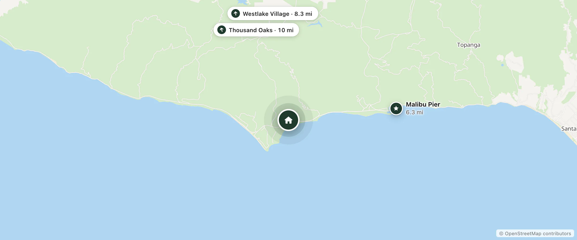 Map of Villa Sancti Di Bella Vista and nearby Malibu Pier, Westlake Village and Thousand Oaks