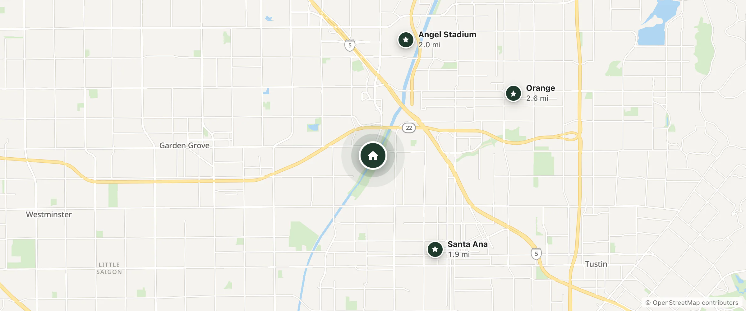 Map of O.C HOUSE and nearby Santa Ana, Angel Stadium and Orange