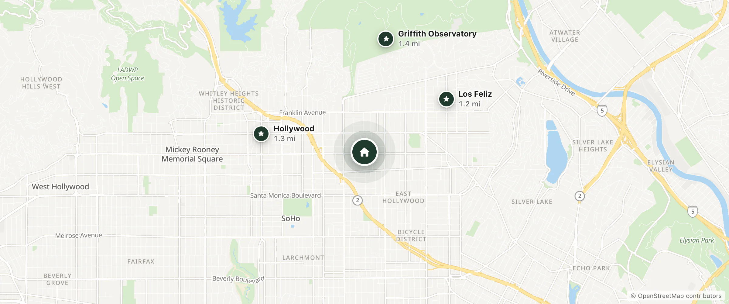 Map of Americas Best Value Inn Hollywood Los Angeles and nearby Los Feliz, Hollywood and Griffith Observatory
