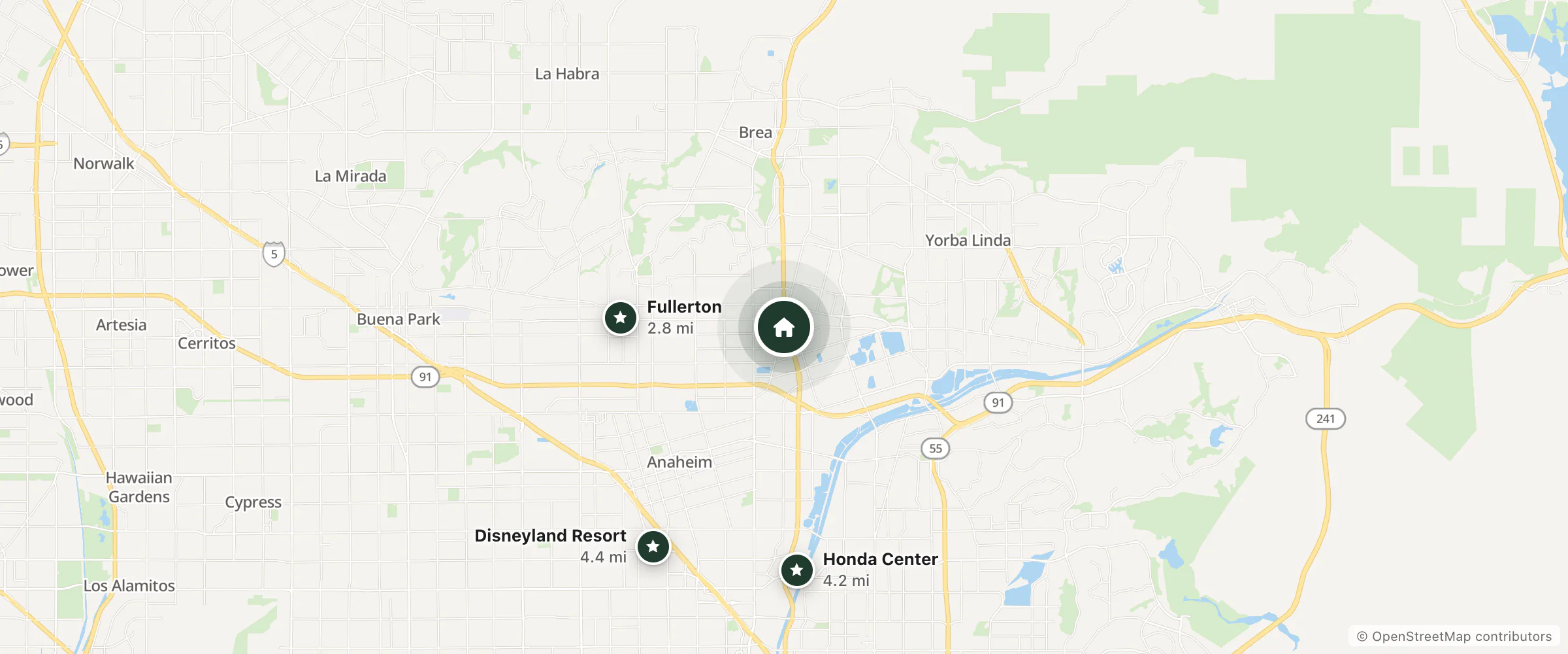 Map of SpringHill Suites and nearby Fullerton, Honda Center and Disneyland Resort