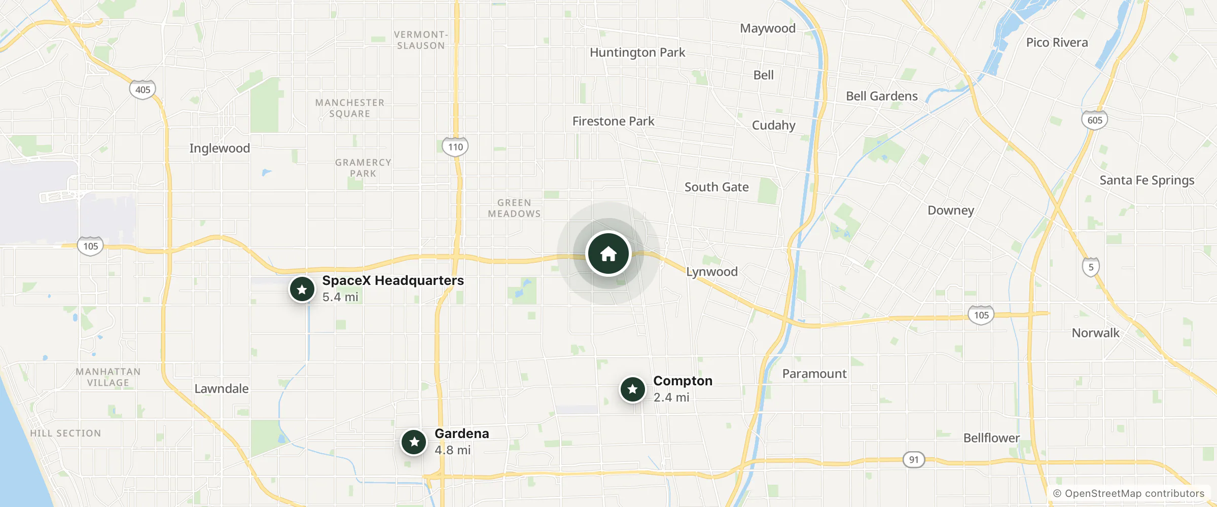 Map of Crown Motel and nearby Compton, Gardena and SpaceX Headquarters