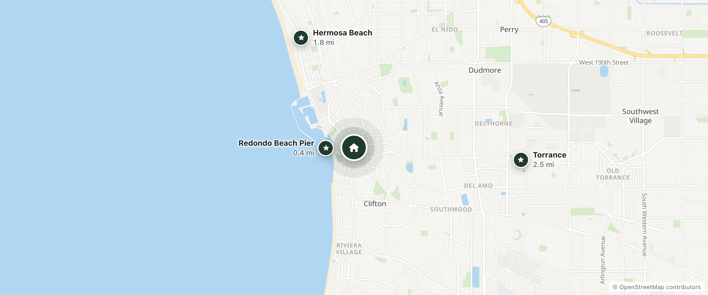 Map of Redondo Pier Inn and nearby Redondo Beach Pier, Hermosa Beach and Torrance