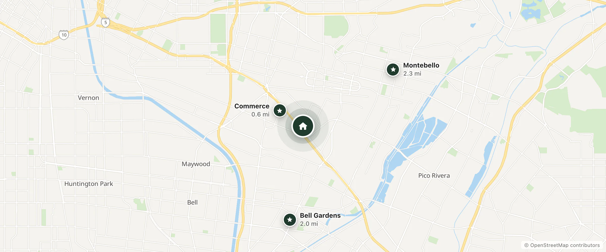 Map of Crowne Plaza Hotels & Resorts and nearby Commerce, Bell Gardens and Montebello