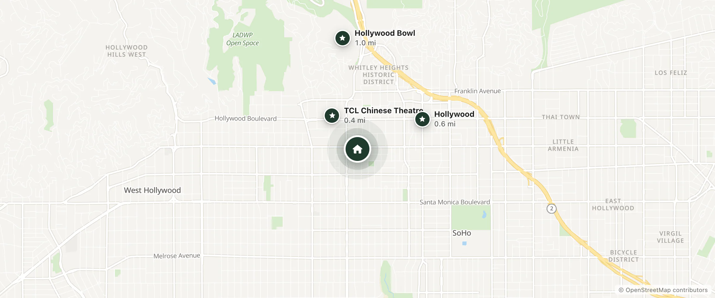Map of Guesthouse Inn Intl and nearby TCL Chinese Theatre, Hollywood and Hollywood Bowl