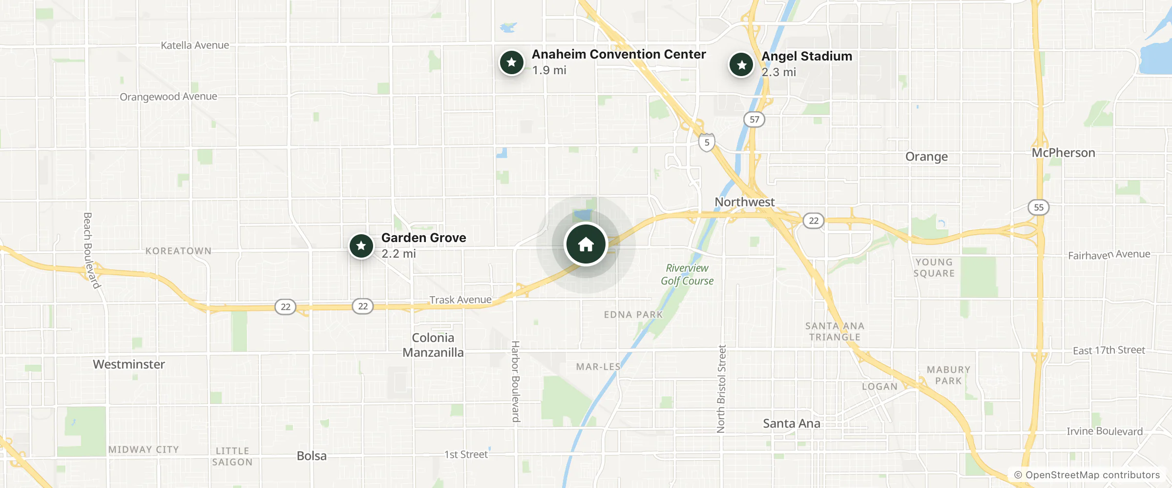 Map of Hotel Marguerite and nearby Anaheim Convention Center, Garden Grove and Angel Stadium